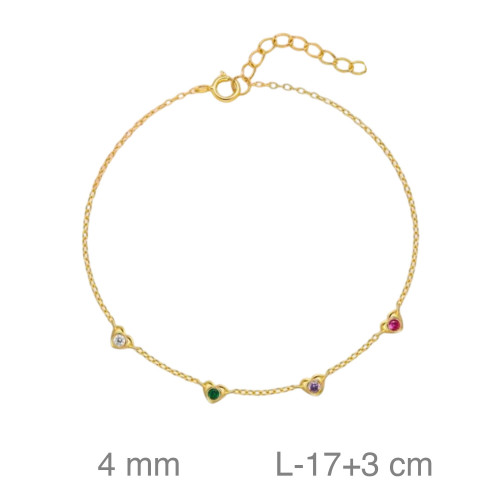 PULSERA PLATA B.ORO CORAZONES CIRCONITAS COLOR